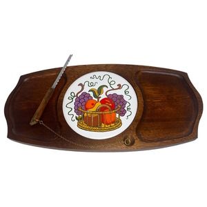 Vintage Gail Craft Quality Woodenware Fruit & Cheese Board w Attached Knife EUC
